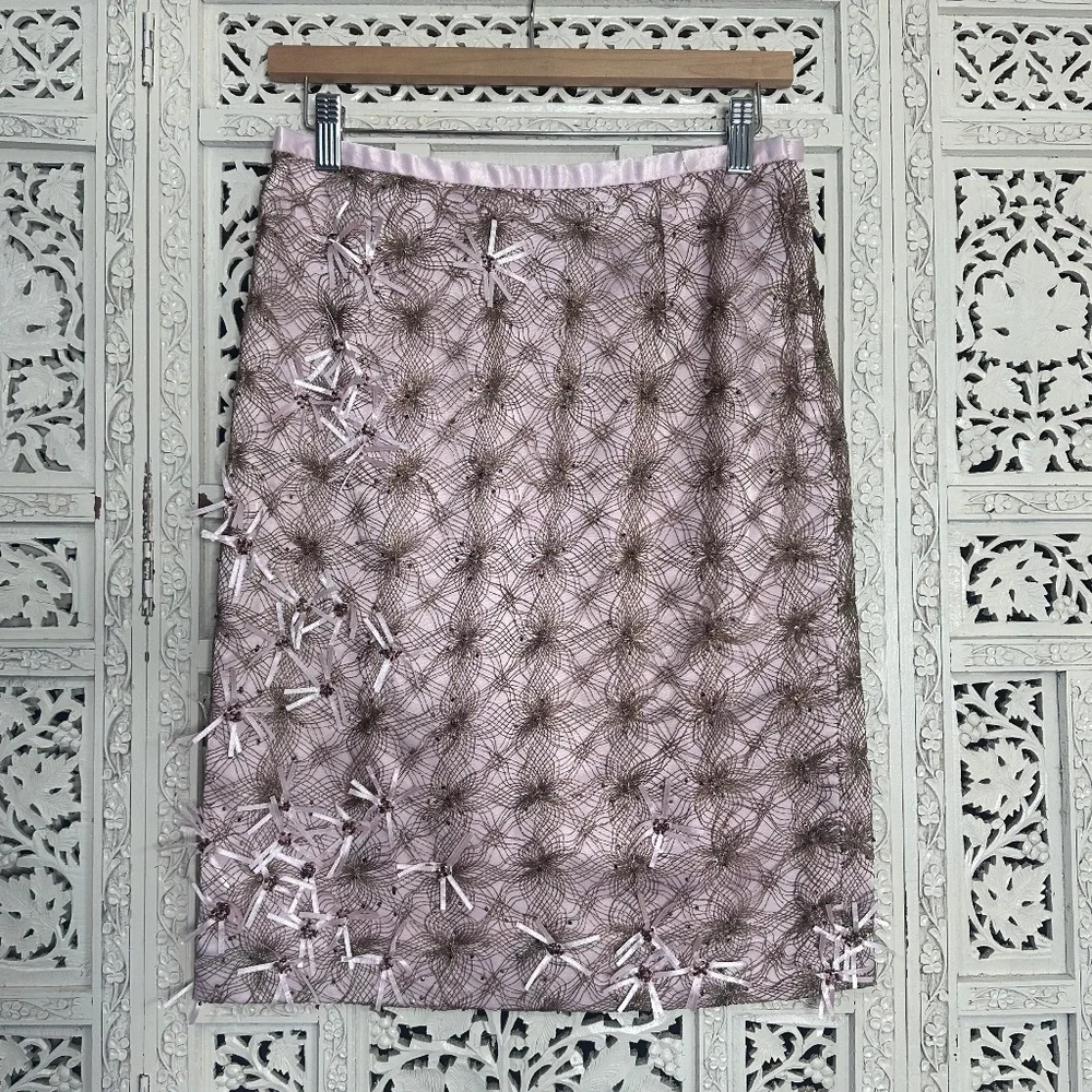 Y2K Pink & Gold Ribbon Beaded‎ Fairy Preppy Coquette Pencil Skirt Sz Small